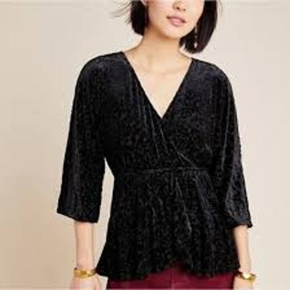 Anthropologie Aleska Black Burnout Velvet Whimysgoth Faux Wrap Blouse sz Medium